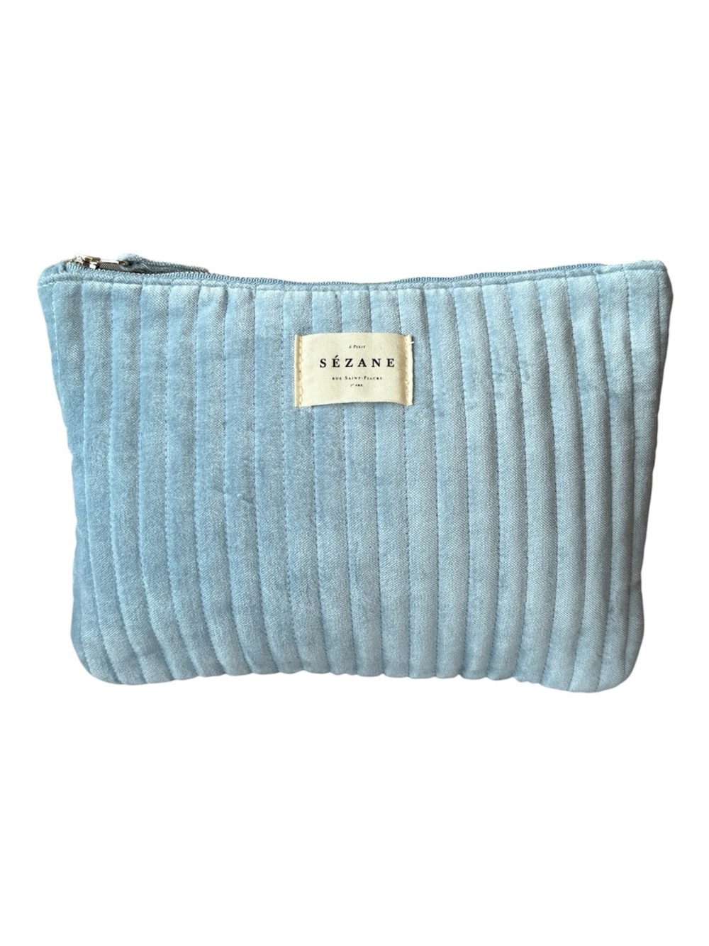 Sezane Light Blue Quilted Zip-Top Cosmetics Bag
